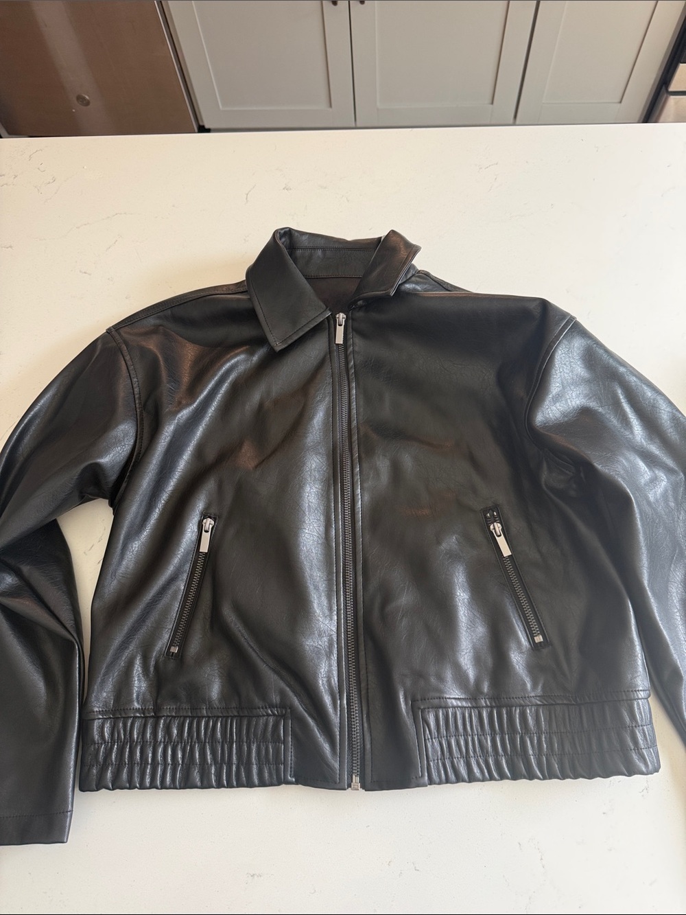 Zara Black Leather-Look Bomber Jacket